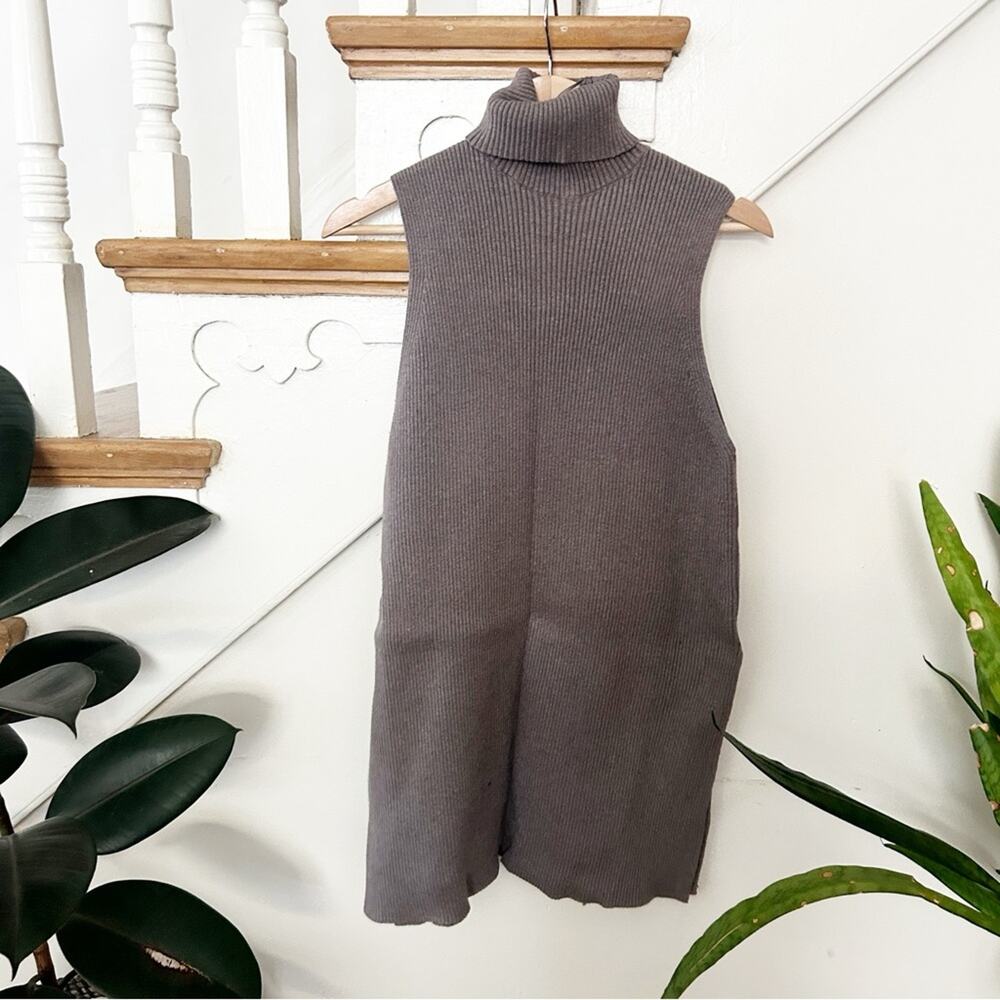 Zara Sleeveless Ribbed Knit Turtleneck Sweater Dress Gray Chic Pullover Size M